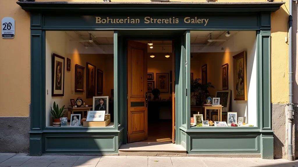 Užupio gatvės galerijos langai su šiuolaikinio meno kūriniais ir ekspozicijomis