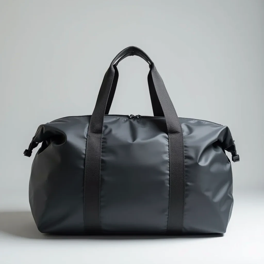Charcoal grey duffle bag with grab handles and detached shoulder straps on light grey background