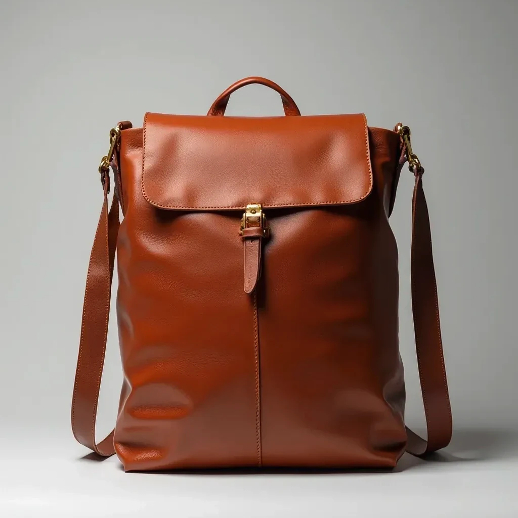 Cognac tan leather crossbody bag with brass hardware and visible patina on neutral grey background