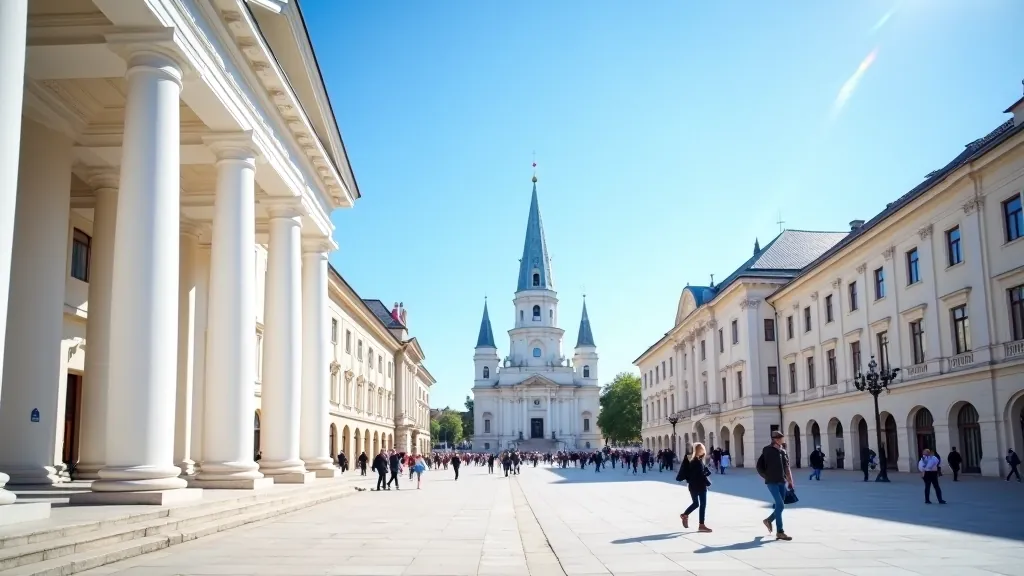 Vilniaus Katedros aikštė su baltomis kolonėmis ir architektūriniais pastatymais