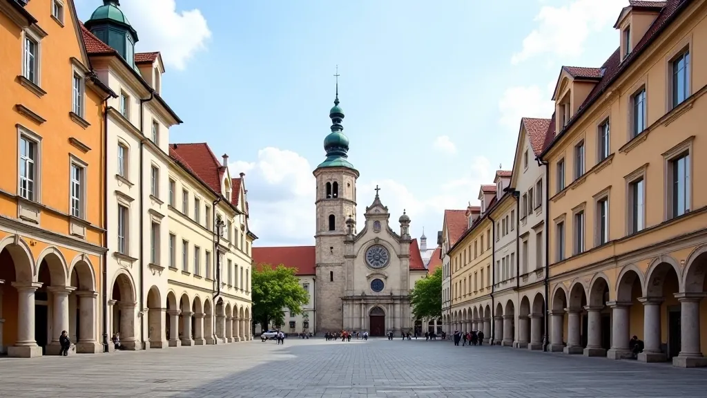 Vilniaus Katedros aikštės pastatai iš šono, parodant architektūrines detales ir fasadus