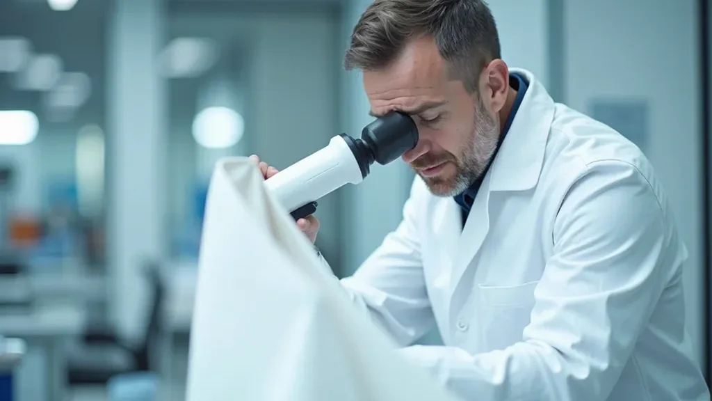 Martin Kovács working at a textile testing laboratory, examining bag materials under bright studio lighting