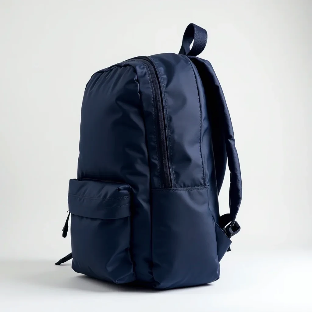 Side profile of navy backpack showing overall shape, strap construction, ventilation design, and compartment layout with measurement indicators