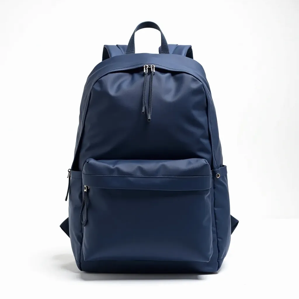 Navy blue backpack with visible zippers and padded straps, studio lighting on white background