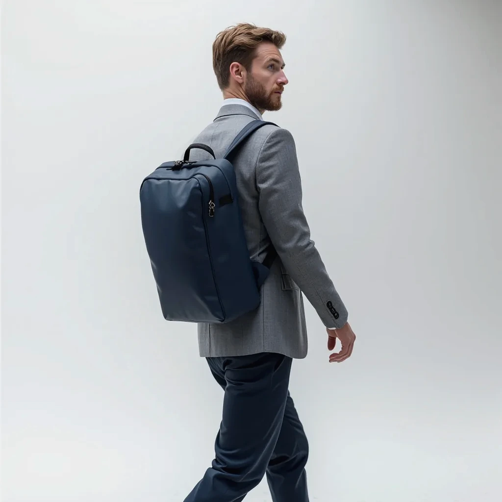 Person wearing navy backpack while walking through modern urban environment, showing how backpack sits on shoulders and integrates with daily commute style