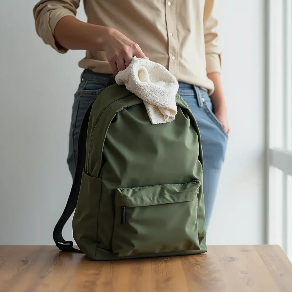 Person cleaning forest green rucksack with soft cloth and mild soap at wooden table