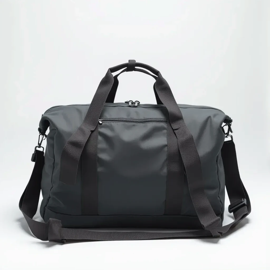 Travel Duffle Hybrid showing removable padded shoulder straps with secure attachment points and reinforced stitching on charcoal nylon