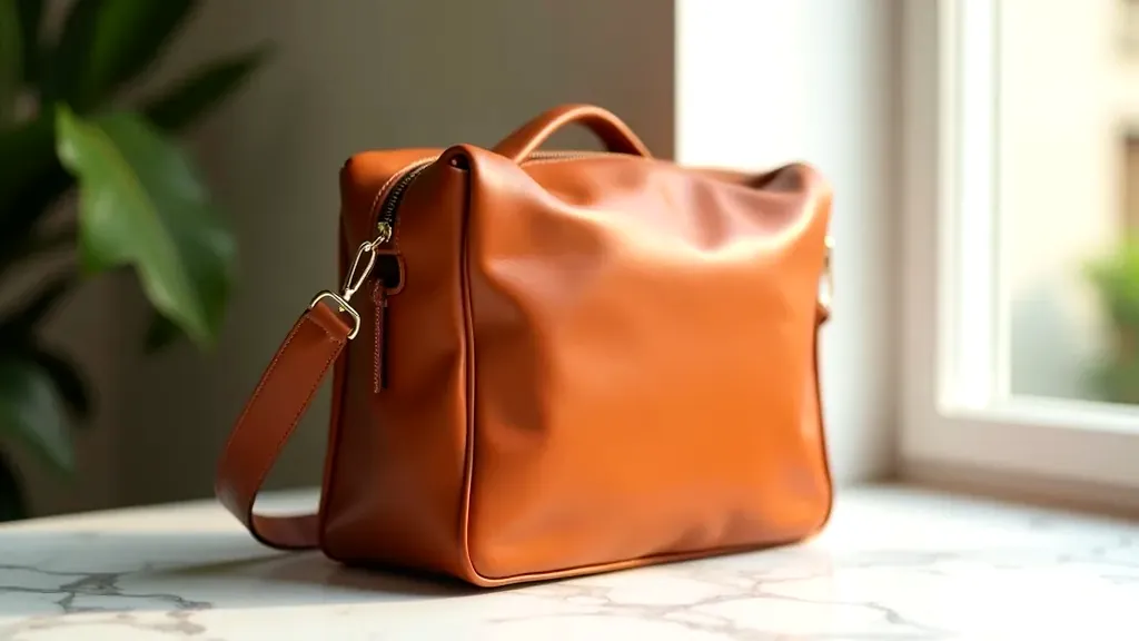 Leather Shoulder Bag in cognac tan color, placed on a marble table with natural afternoon light showing texture and craftsmanship