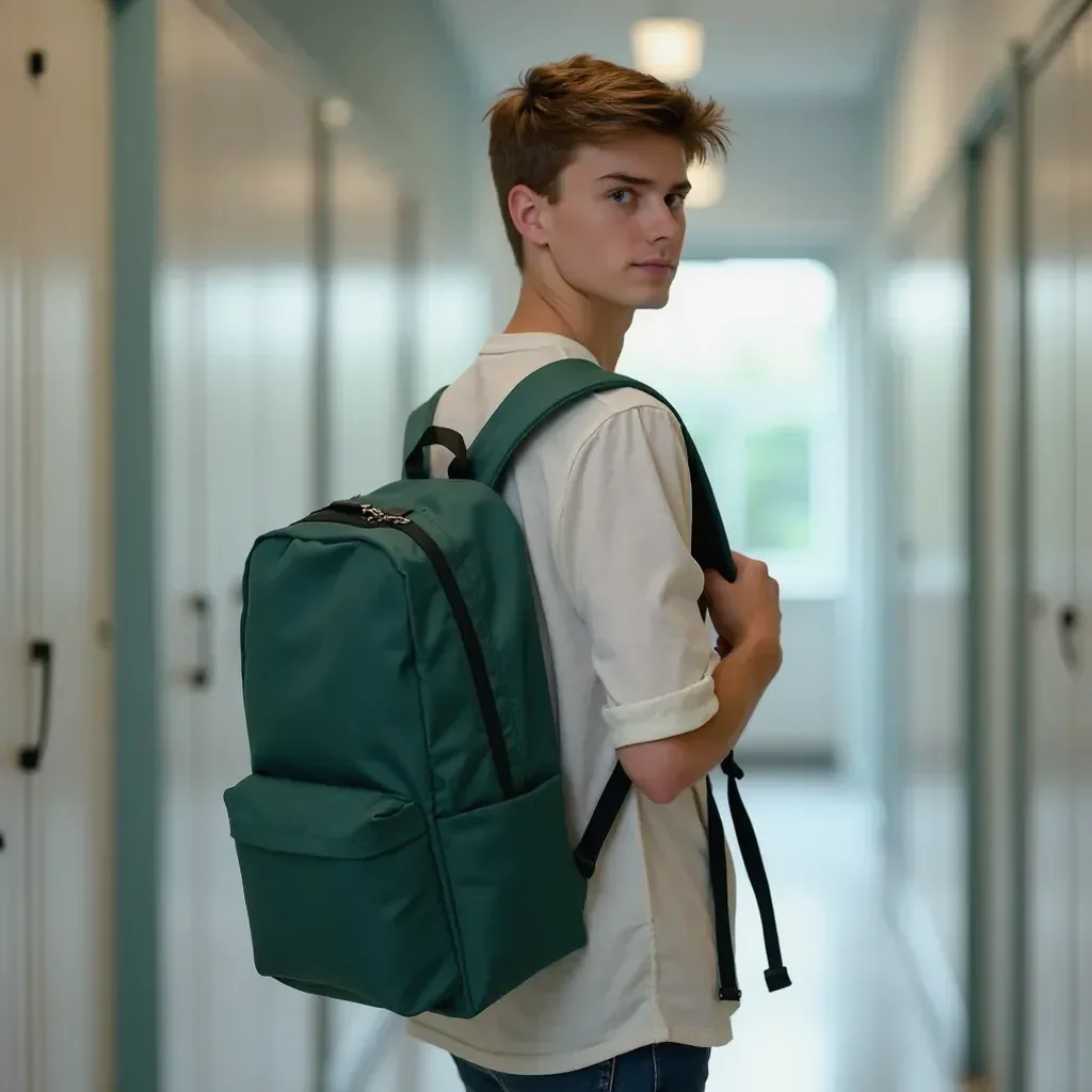 Student wearing forest green rucksack, walking through school corridor with textbooks visible in side pockets